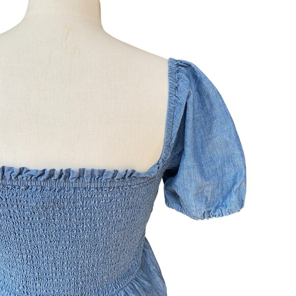 J Crew Chambray Puff Sleeve Smocked Shirt Sz M Square Neck Peplum Preppy Coast - Picture 7 of 12